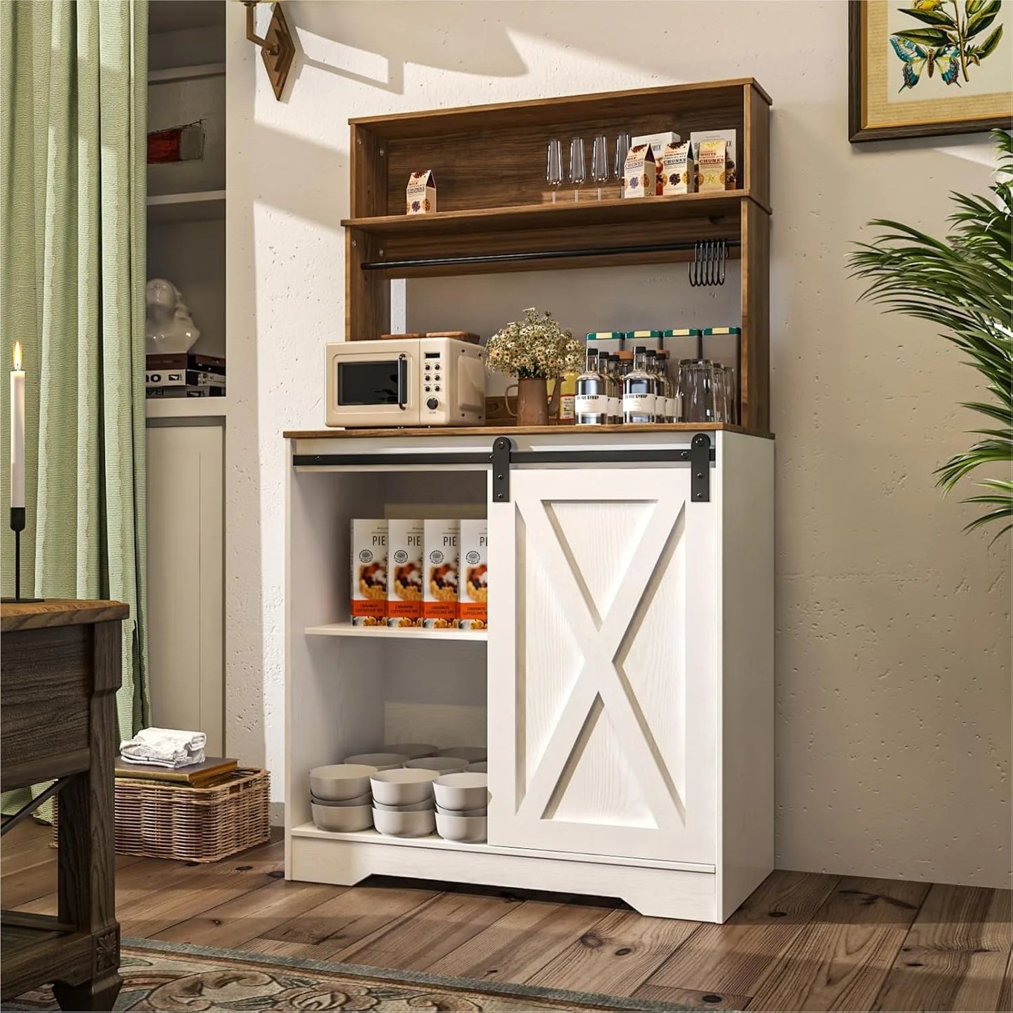 Coffee Bar Cabinet with LED Light, 55 Inch Bakers Rack with Storage, Large White Coffee Bar Hutch with 6 Hook, Kitchen