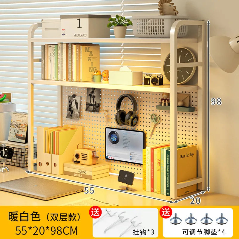 Iron Desktop Pegboard Bookshelf Multi Tier Desk Organizer Storage Shelf Student Computer Workstation Tidy Rack Cabinet Furniture
