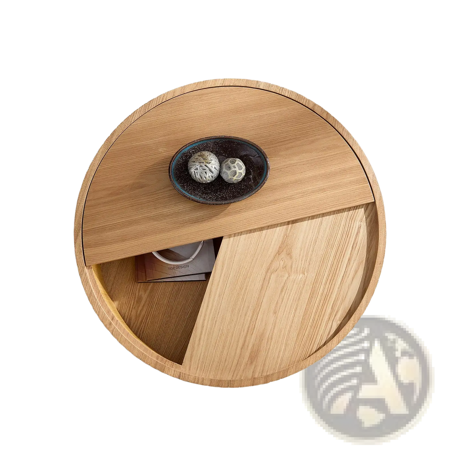 Round Coffee Table with Storage and Slatted Wood Detail