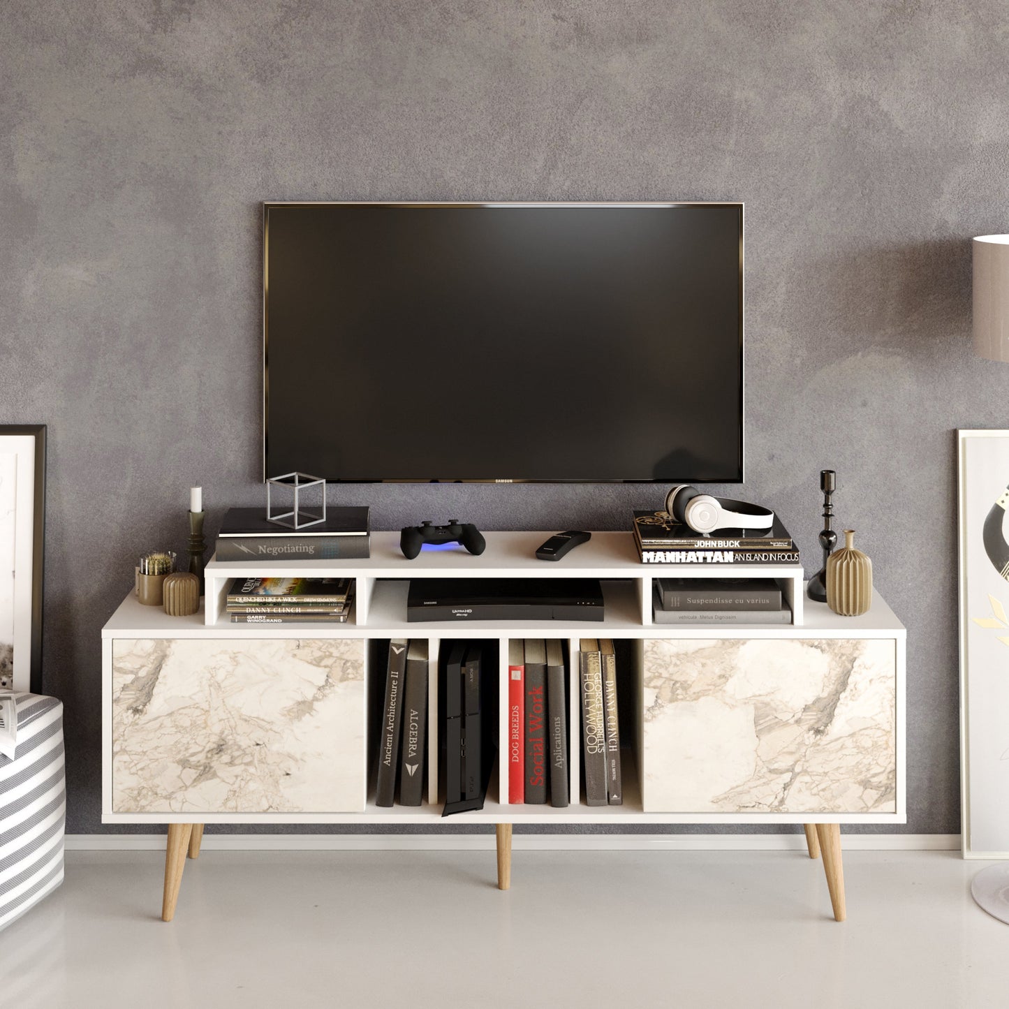 Char 63" TV Stand and Media Console with Cabinets and Shelves for TVs up to 72"