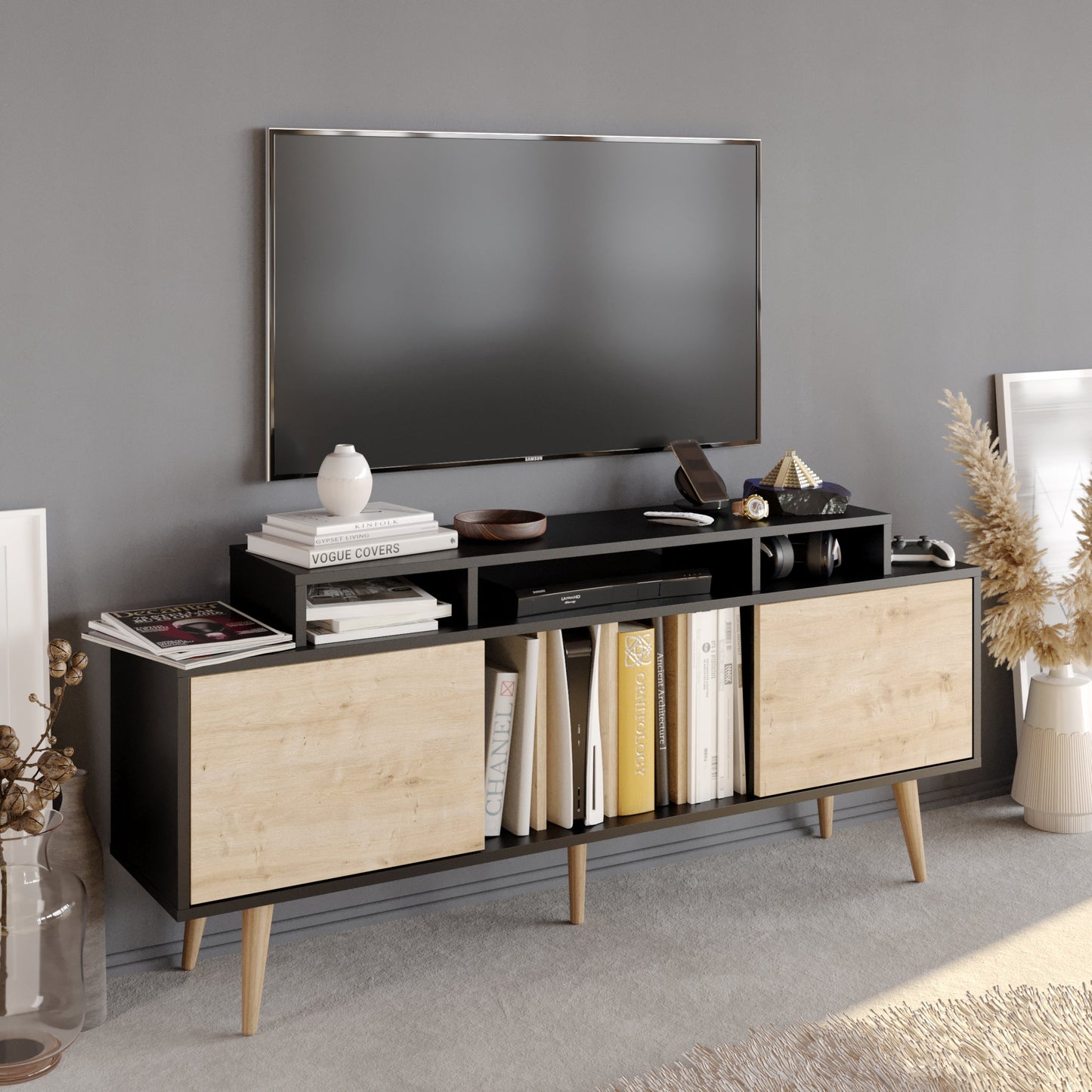 Char 63" TV Stand and Media Console with Cabinets and Shelves for TVs up to 72"