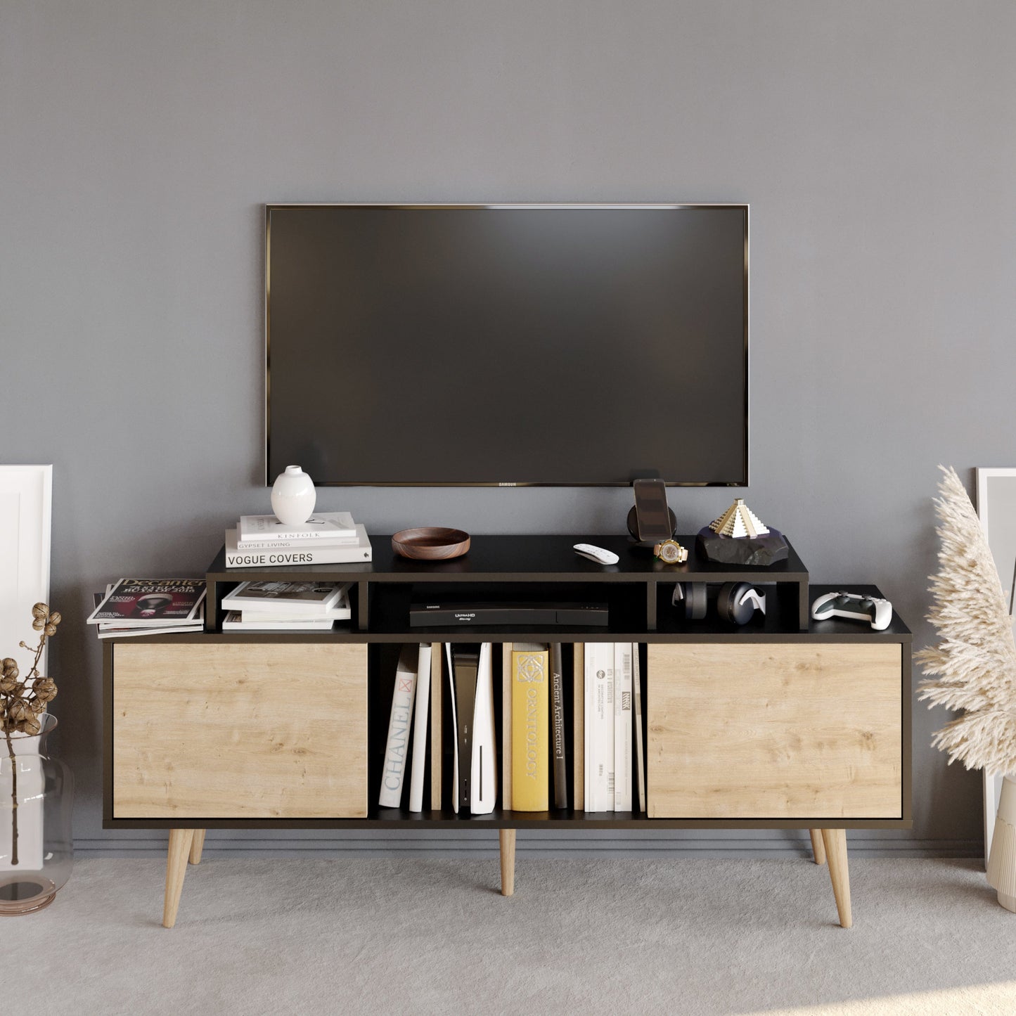 Char 63" TV Stand and Media Console with Cabinets and Shelves for TVs up to 72"