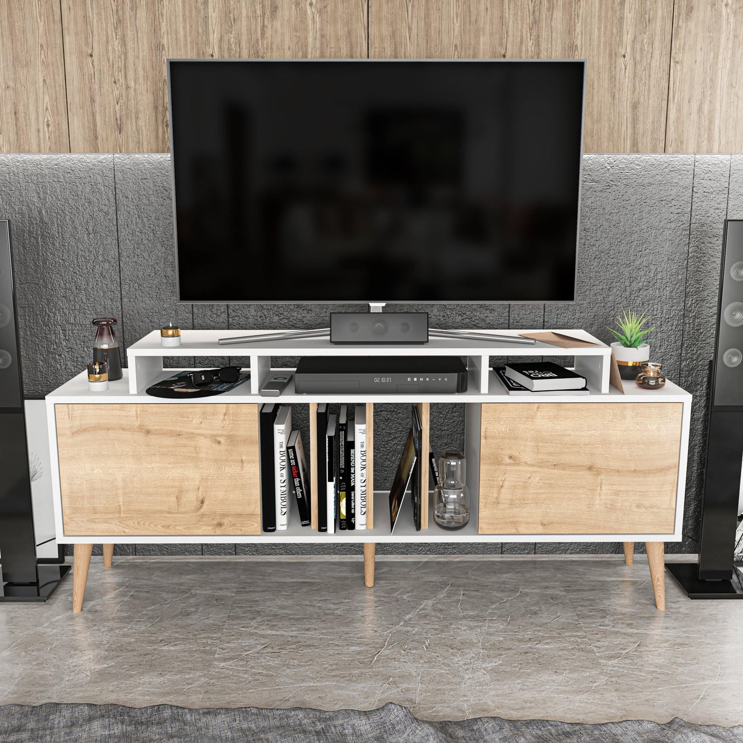 Char 63" TV Stand and Media Console with Cabinets and Shelves for TVs up to 72"