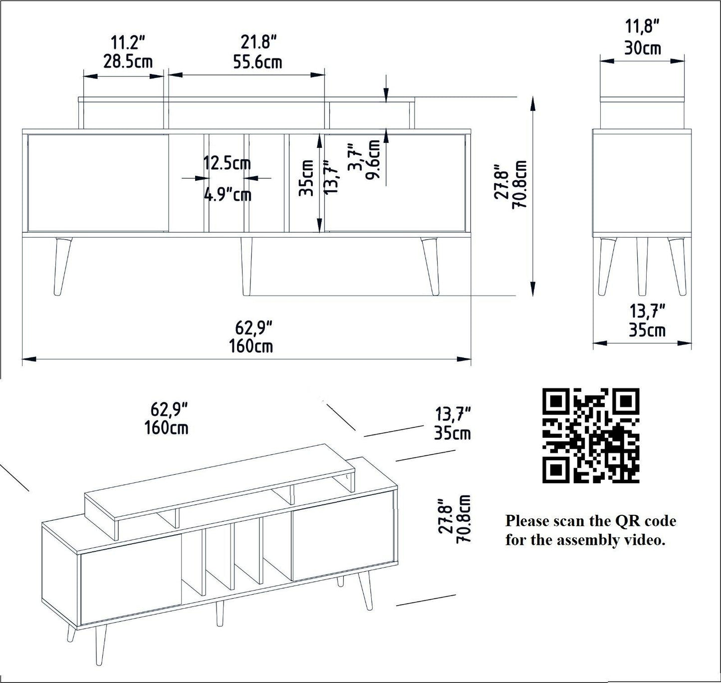 Char 63" TV Stand and Media Console with Cabinets and Shelves for TVs up to 72"