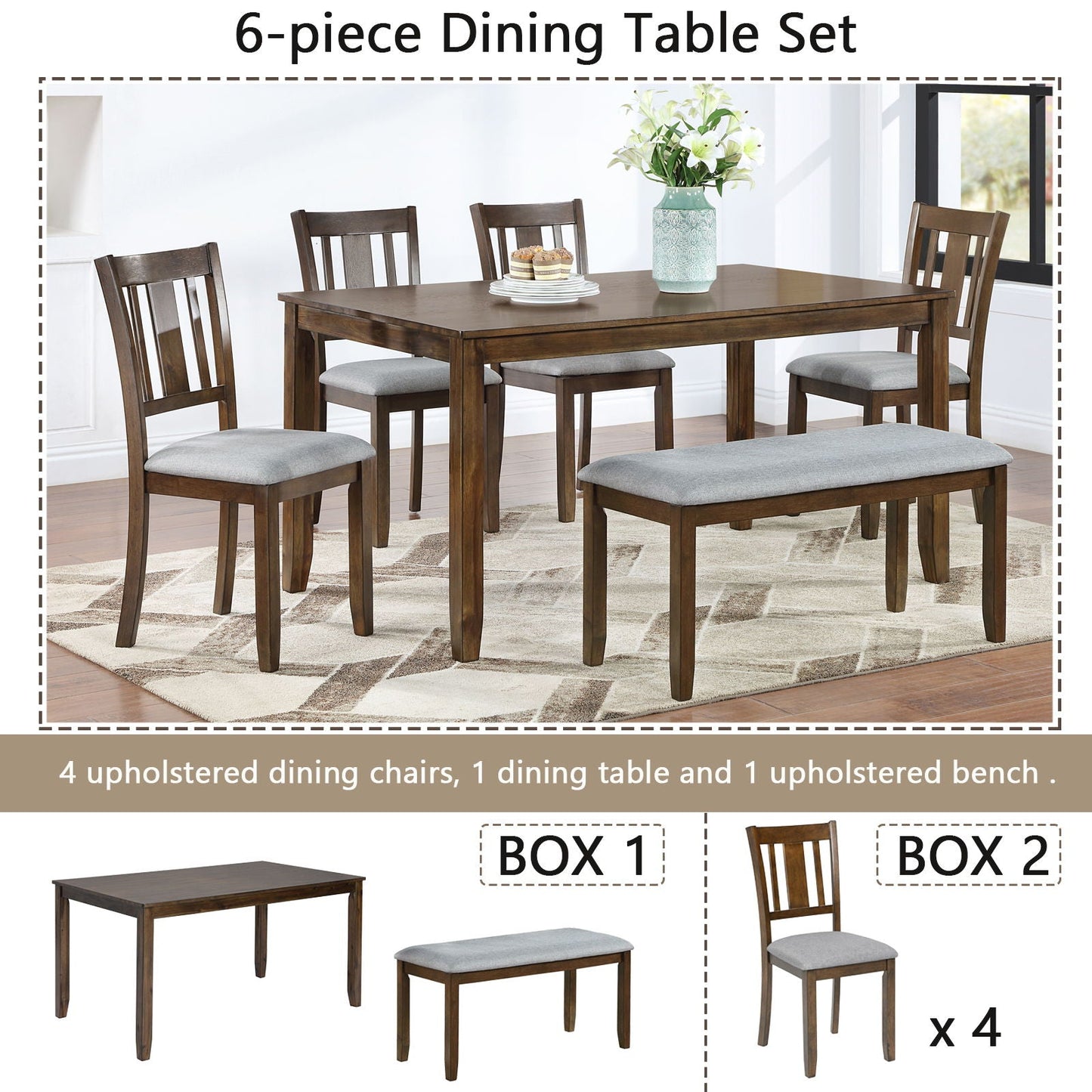 Kitchen Dining Set, Rectangular Dining Table With Upholstered Chairs