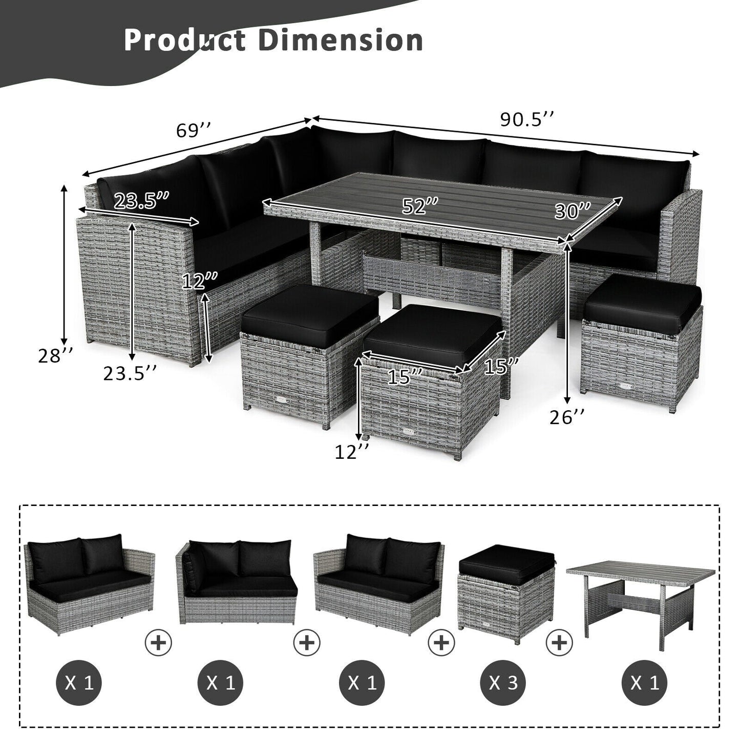 7 Pieces Patio Rattan Dining Furniture Sectional Sofa Set with Wicker Ottoman