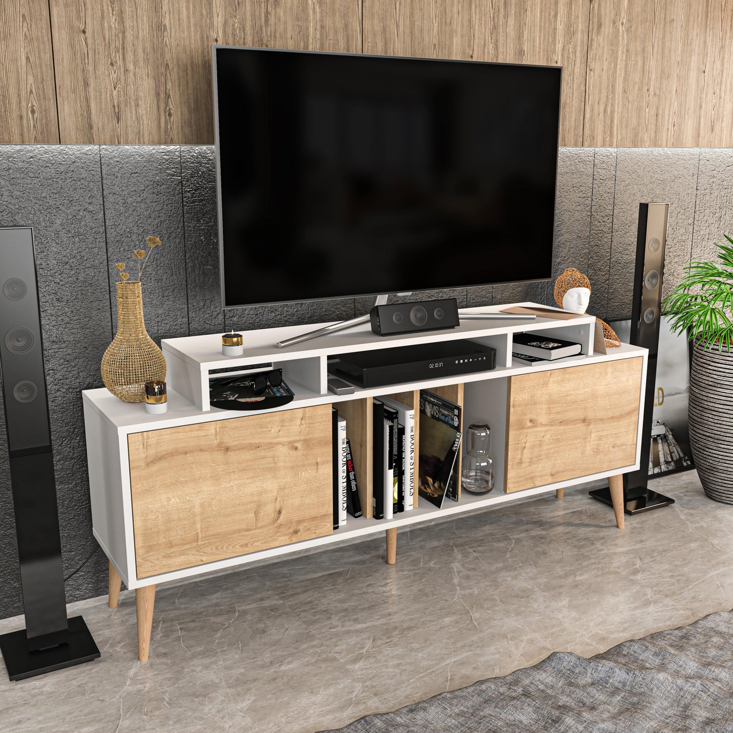 Char 63" TV Stand and Media Console with Cabinets and Shelves for TVs up to 72"