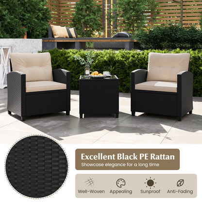 3 Pieces Patio Furniture Set with Tempered Glass Coffee Table