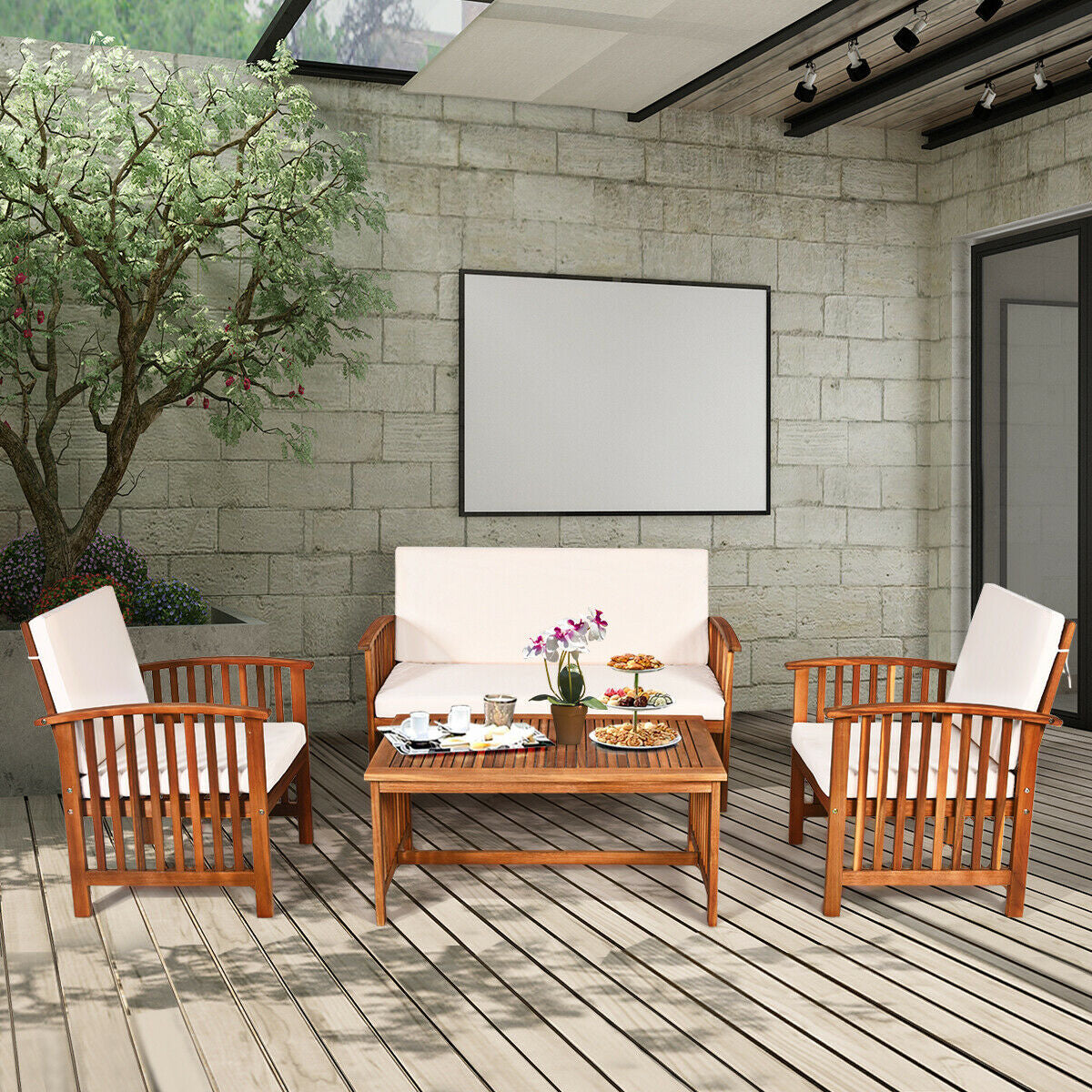 4 Pieces Patio Solid Wood Furniture Set