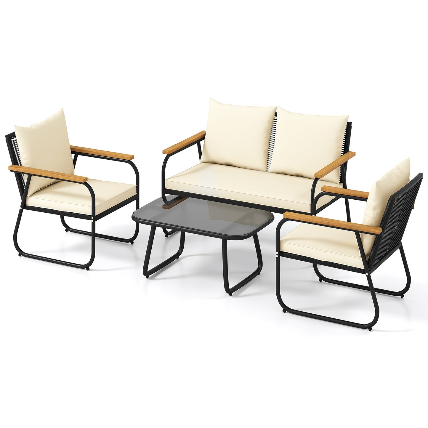4 Pieces Patio Furniture Set with Tempered Glass Coffee Table