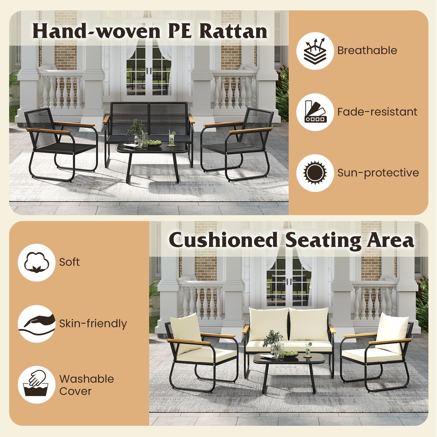 4 Pieces Patio Furniture Set with Tempered Glass Coffee Table