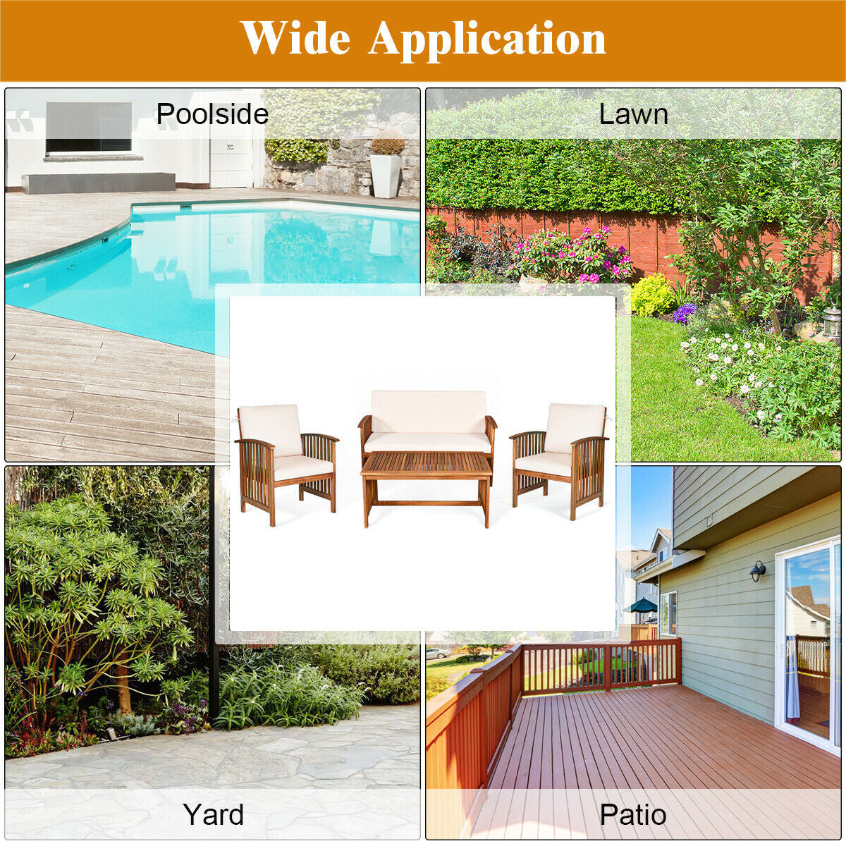 4 Pieces Patio Solid Wood Furniture Set