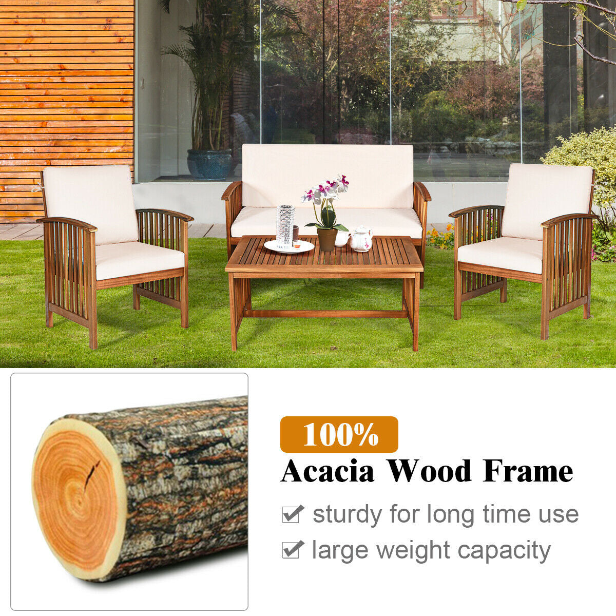 4 Pieces Patio Solid Wood Furniture Set