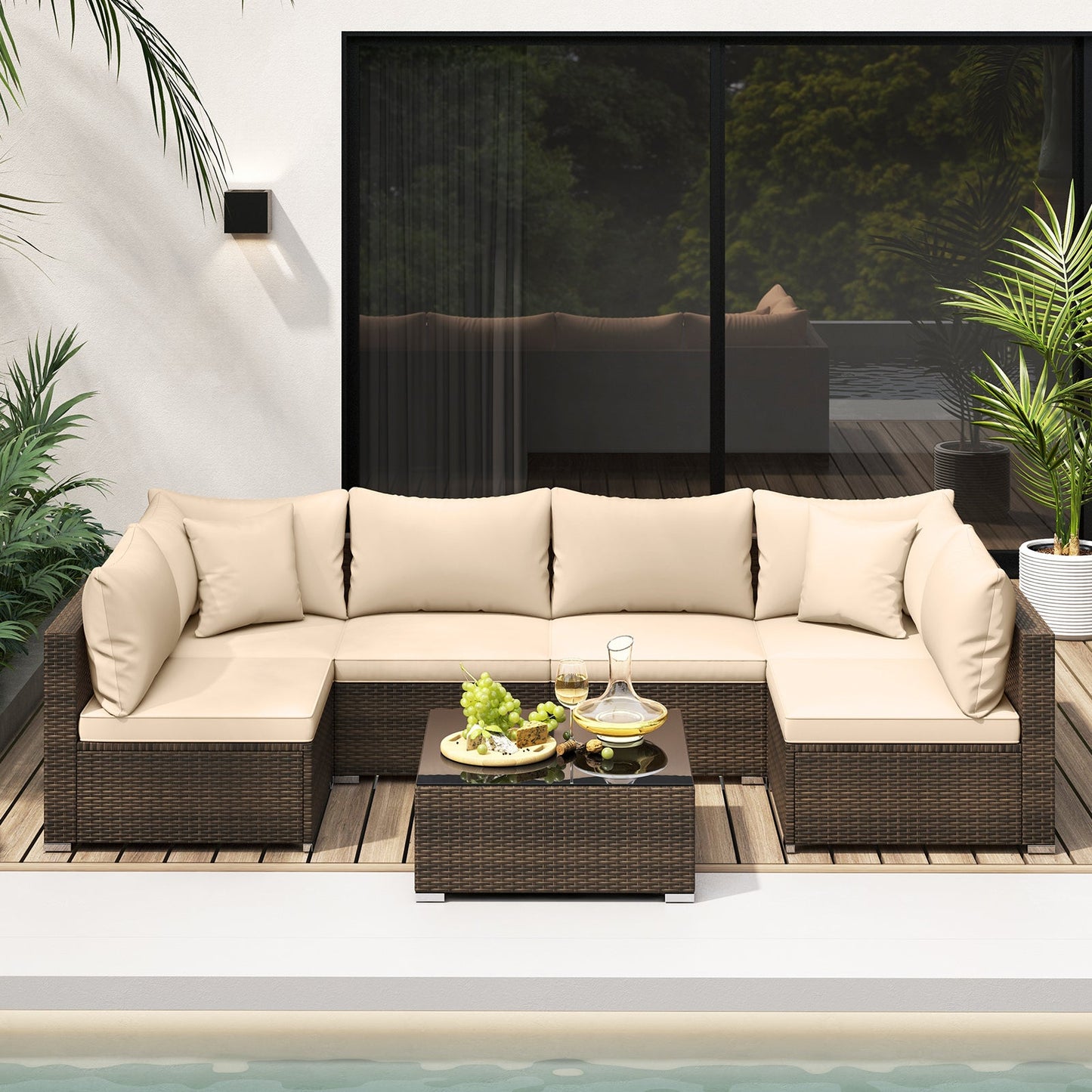 7 Pieces Patio Rattan Furniture Set with Sectional Sofa Cushions