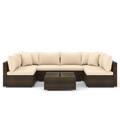 7 Pieces Patio Rattan Furniture Set with Sectional Sofa Cushions