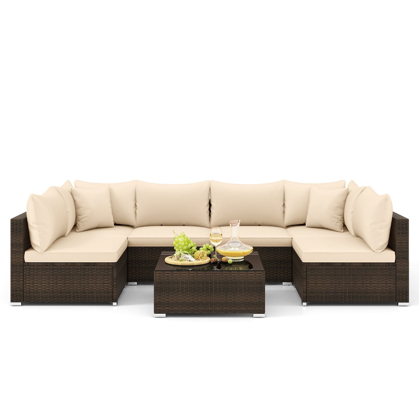 7 Pieces Patio Rattan Furniture Set with Sectional Sofa Cushions