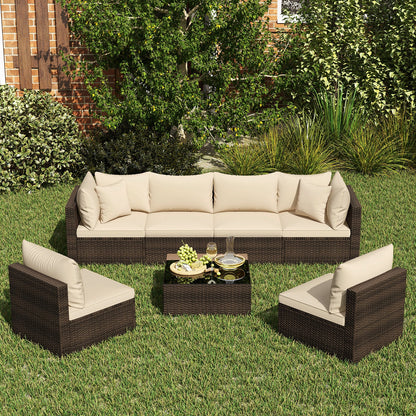 7 Pieces Patio Rattan Furniture Set with Sectional Sofa Cushions