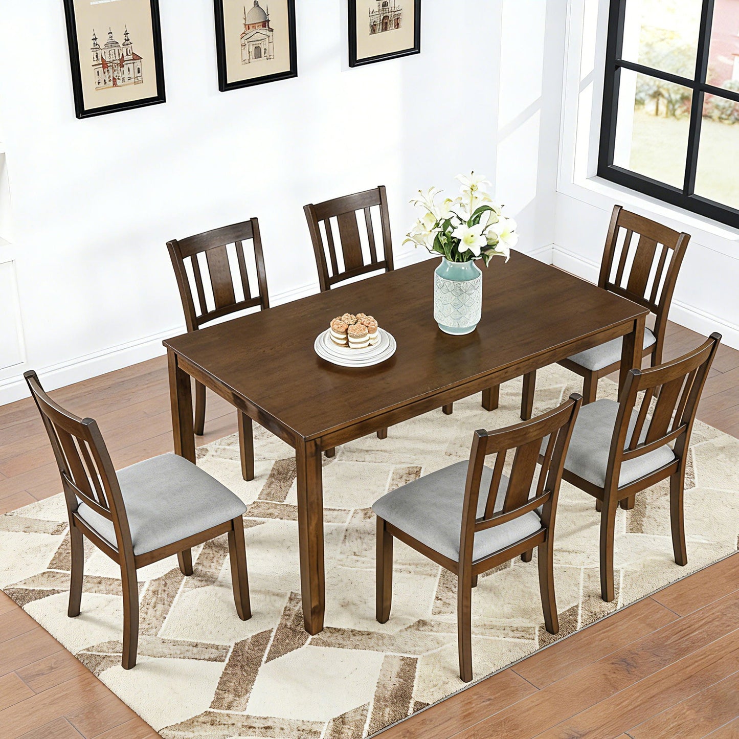 Kitchen Dining Set, Rectangular Dining Table With Upholstered Chairs