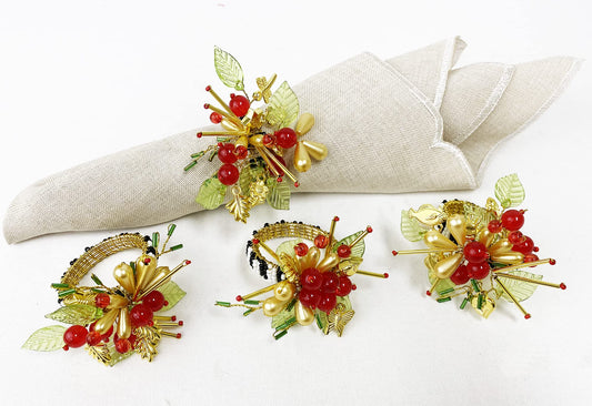 Fennco Styles Hand Beaded Holiday Flower Napkin Rings, Set of 4 - Multicolored Bead Festive Napkin Holders for Home, Dining Room, Banquet, Family Gathering, Christmas Décor and Special Occasion