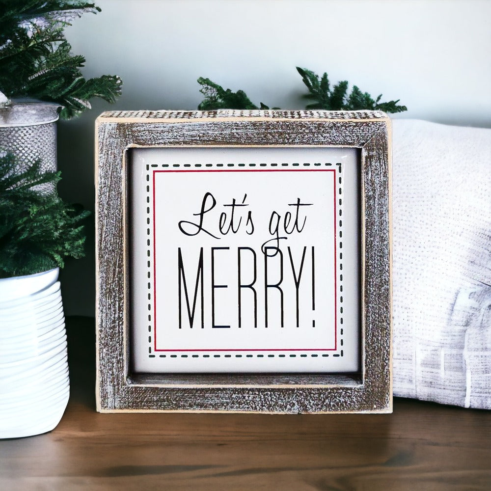 Get Merry 5 Inch Holiday Sign - Festive Home Decor Wooden Wall Plaque Christmas Mantel