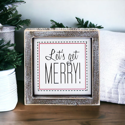 Get Merry 5 Inch Holiday Sign - Festive Home Decor Wooden Wall Plaque Christmas Mantel