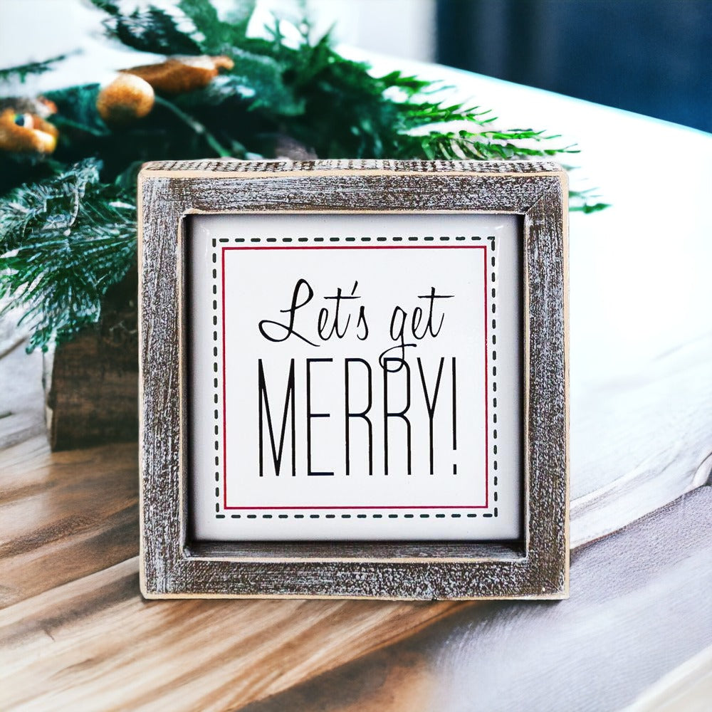 Get Merry 5 Inch Holiday Sign - Festive Home Decor Wooden Wall Plaque Christmas Mantel