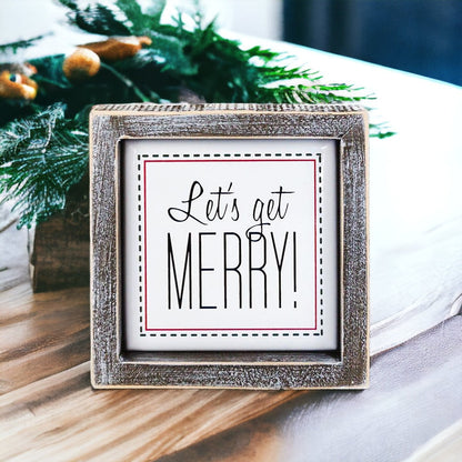 Get Merry 5 Inch Holiday Sign - Festive Home Decor Wooden Wall Plaque Christmas Mantel