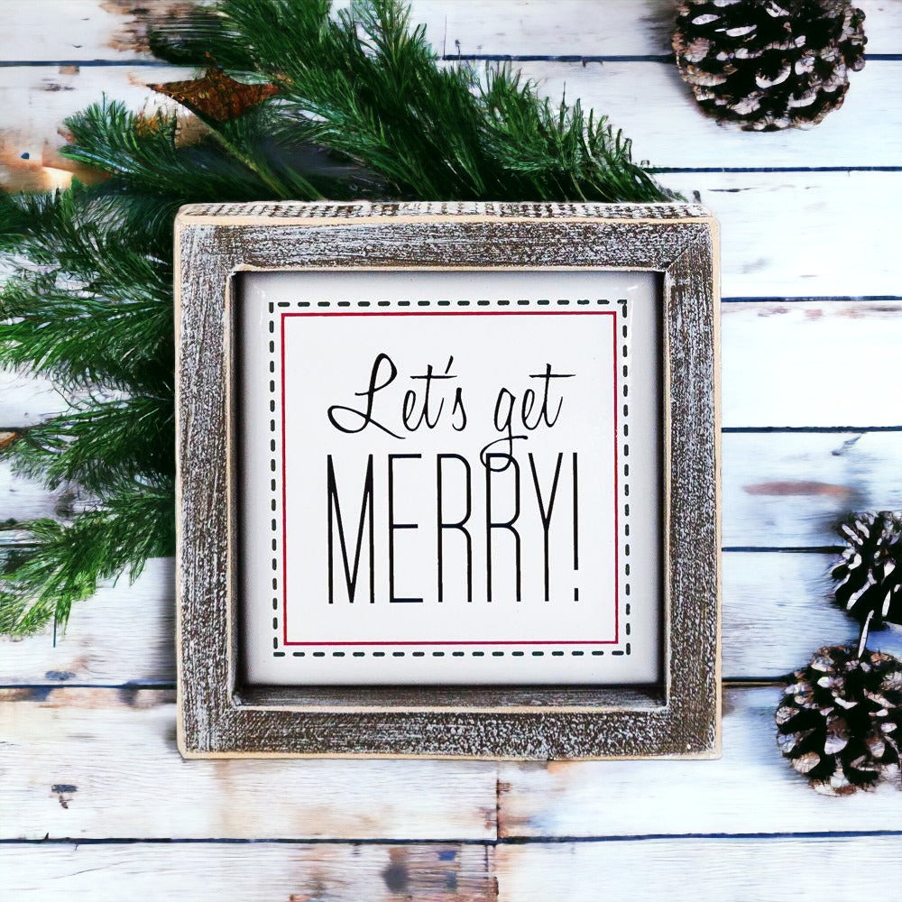 Get Merry 5 Inch Holiday Sign - Festive Home Decor Wooden Wall Plaque Christmas Mantel