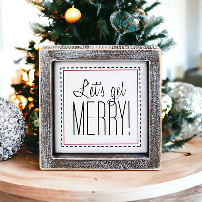 Get Merry 5 Inch Holiday Sign - Festive Home Decor Wooden Wall Plaque Christmas Mantel