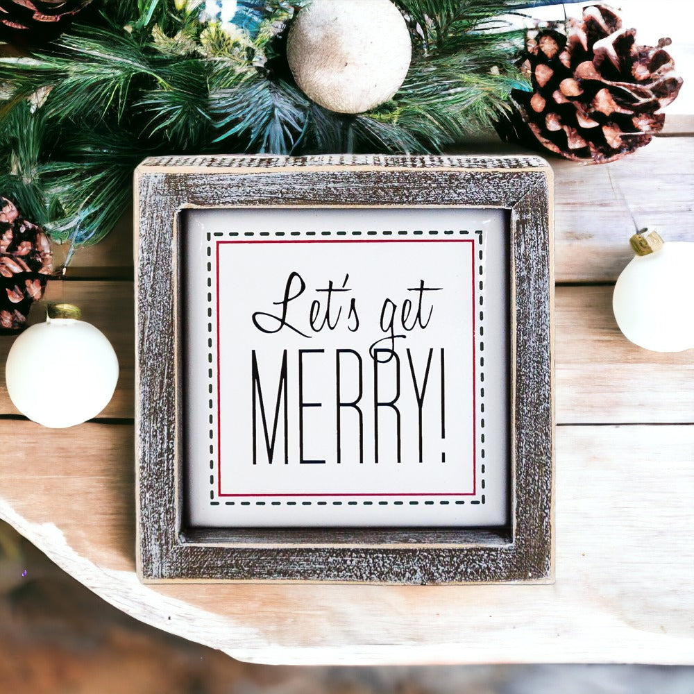 Get Merry 5 Inch Holiday Sign - Festive Home Decor Wooden Wall Plaque Christmas Mantel