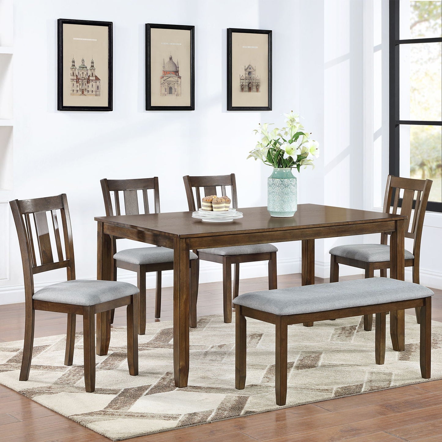 Kitchen Dining Set, Rectangular Dining Table With Upholstered Chairs