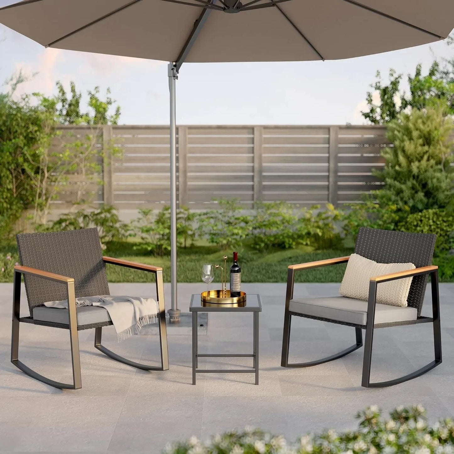 3 Pieces Rocking Patio Bistro Set with Anti-Scald Armrest, Outdoor Patio Wicker Furniture Set with Glass Table and Cushio
