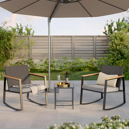 3 Pieces Rocking Patio Bistro Set with Anti-Scald Armrest, Outdoor Patio Wicker Furniture Set with Glass Table and Cushio