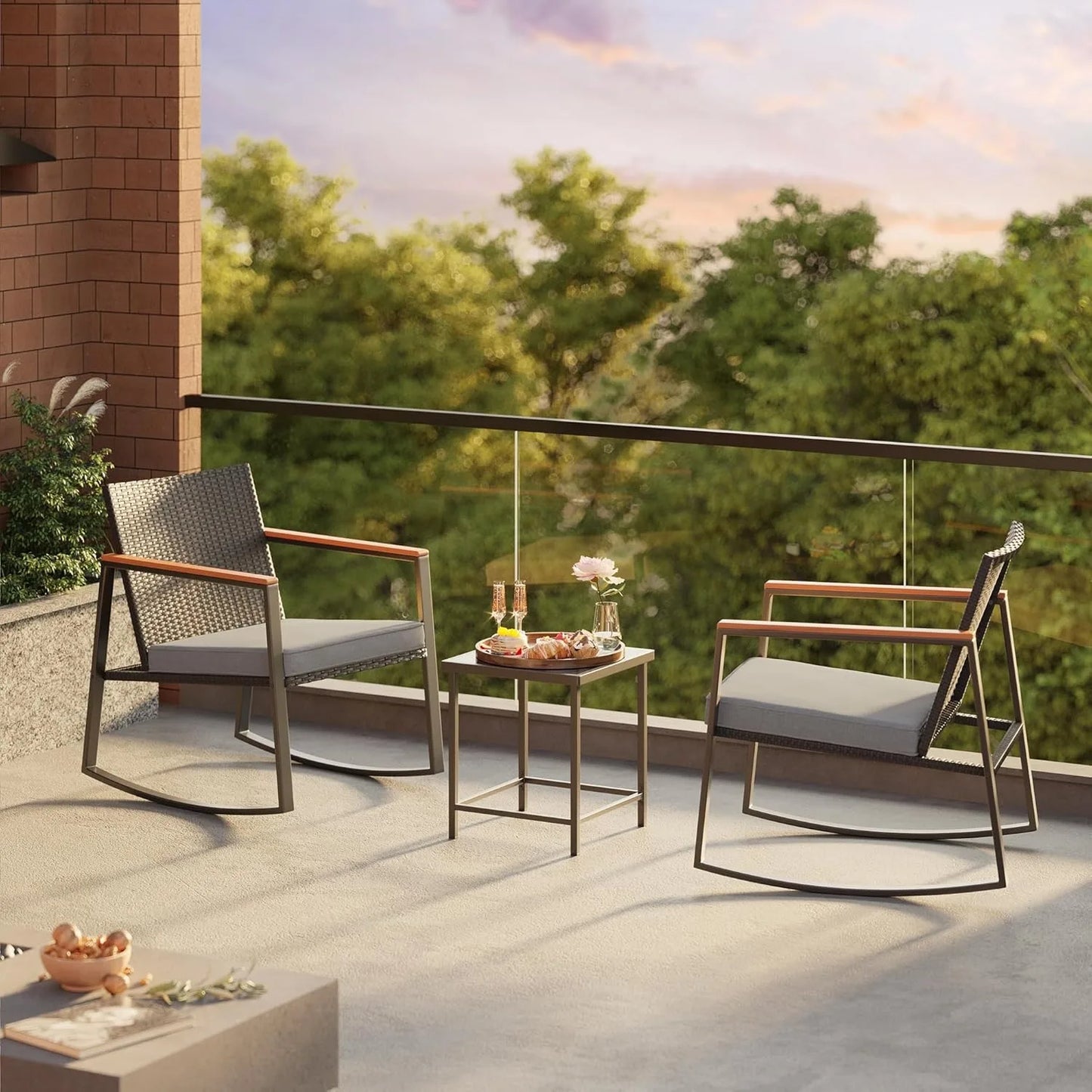 3 Pieces Rocking Patio Bistro Set with Anti-Scald Armrest, Outdoor Patio Wicker Furniture Set with Glass Table and Cushio
