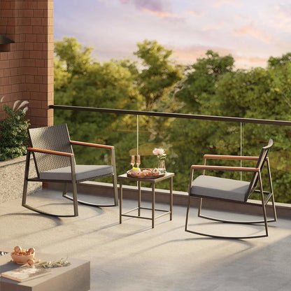 3 Pieces Rocking Patio Bistro Set with Anti-Scald Armrest, Outdoor Patio Wicker Furniture Set with Glass Table and Cushio