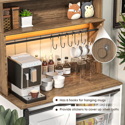 Coffee Bar Cabinet with LED Light, 55 Inch Bakers Rack with Storage, Large White Coffee Bar Hutch with 6 Hook, Kitchen