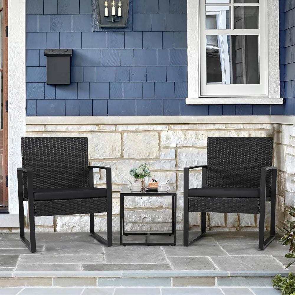 3 Pieces Outdoor Patio Wicker Furniture Set, Modern Rattan Chair Conversation Sets with Coffee Table for Yard and Bistro