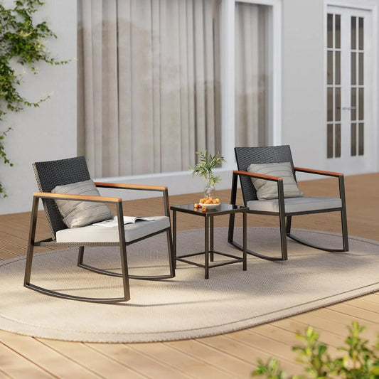3 Pieces Rocking Patio Bistro Set with Anti-Scald Armrest, Outdoor Patio Wicker Furniture Set with Glass Table and Cushio