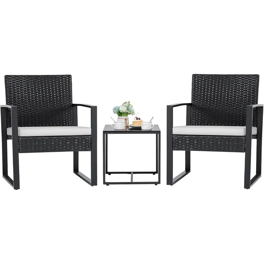 3 Pieces Outdoor Patio Wicker Furniture Set, Modern Rattan Chair Conversation Sets with Coffee Table for Yard and Bistro