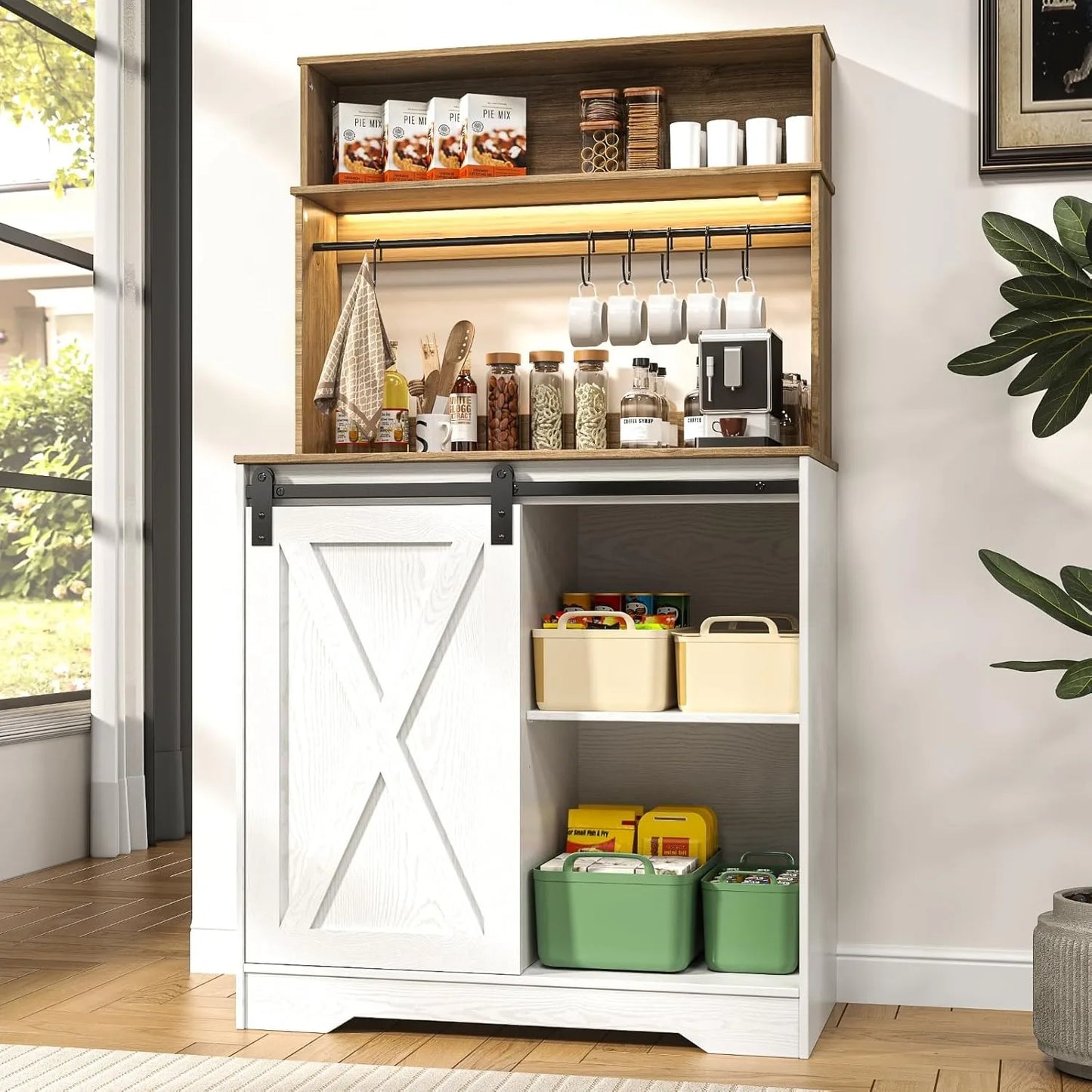 Coffee Bar Cabinet with LED Light, 55 Inch Bakers Rack with Storage, Large White Coffee Bar Hutch with 6 Hook, Kitchen