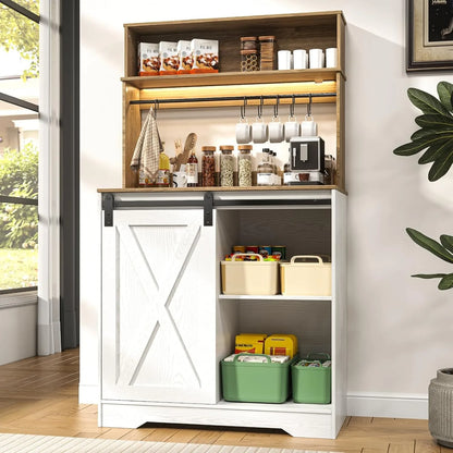 Coffee Bar Cabinet with LED Light, 55 Inch Bakers Rack with Storage, Large White Coffee Bar Hutch with 6 Hook, Kitchen