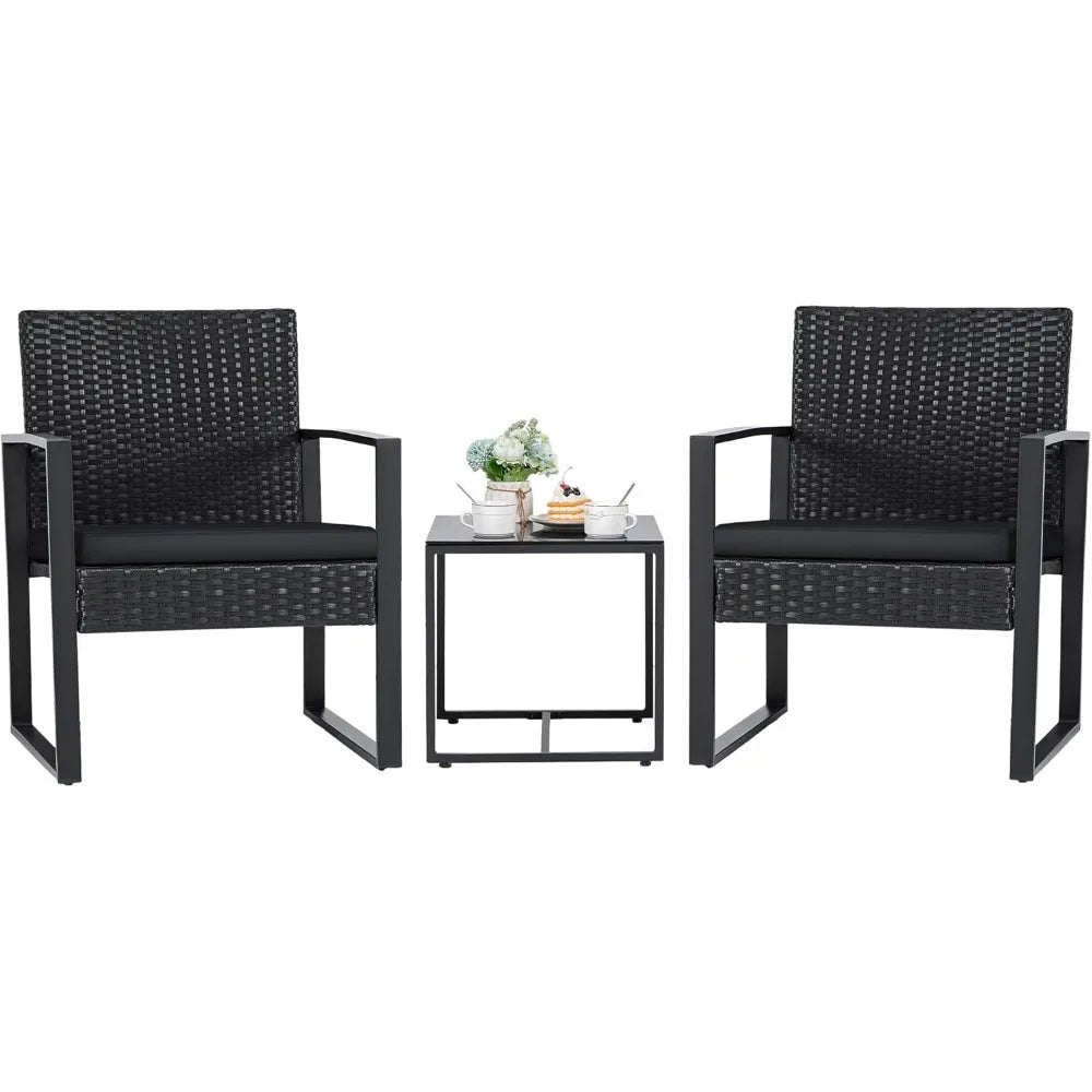 3 Pieces Outdoor Patio Wicker Furniture Set, Modern Rattan Chair Conversation Sets with Coffee Table for Yard and Bistro