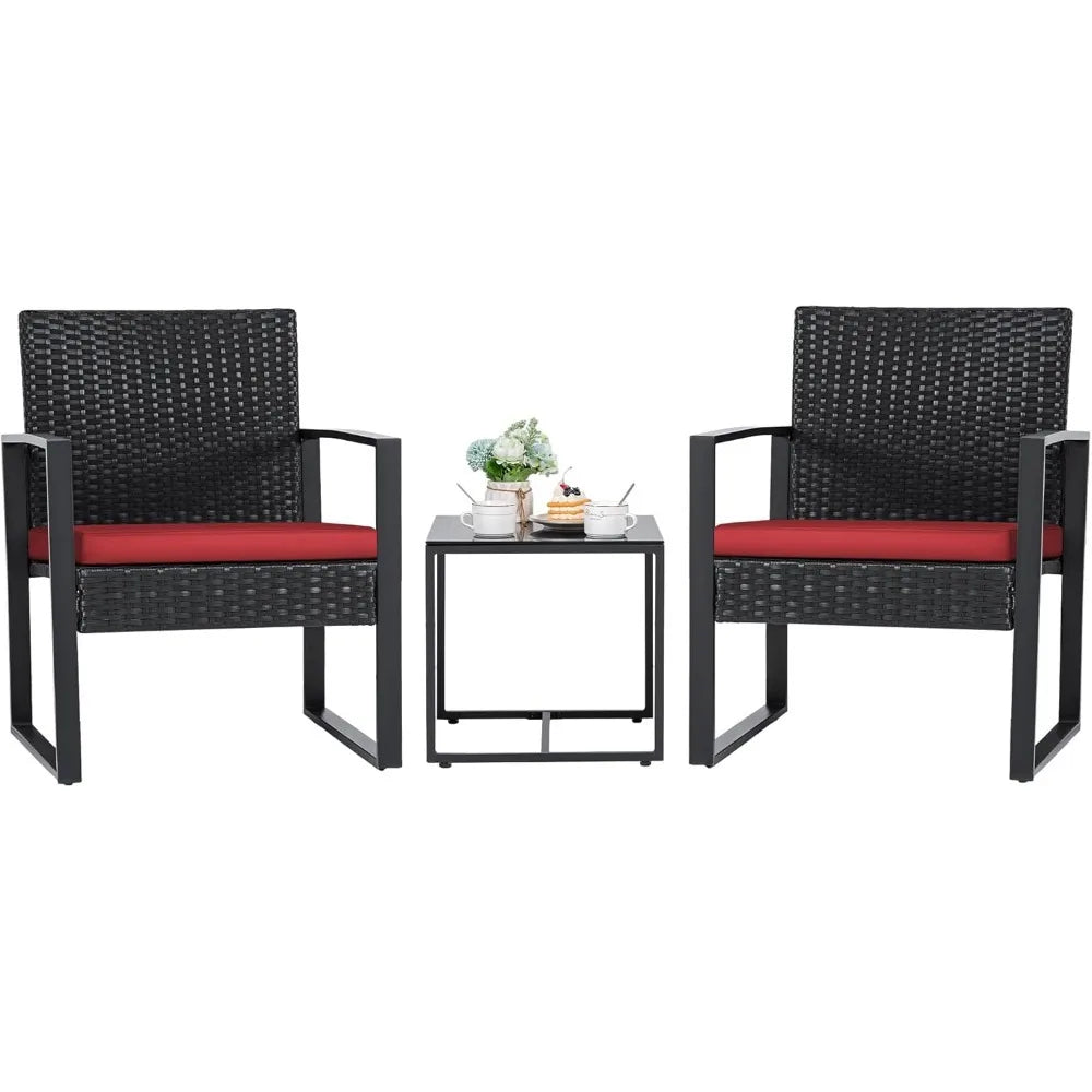 3 Pieces Outdoor Patio Wicker Furniture Set, Modern Rattan Chair Conversation Sets with Coffee Table for Yard and Bistro