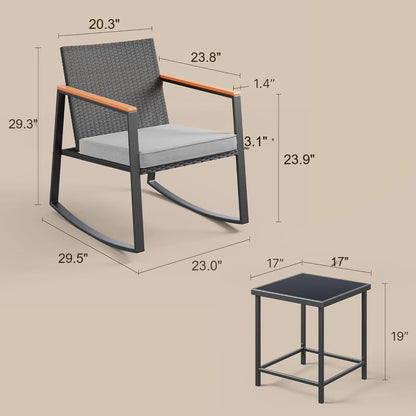 3 Pieces Rocking Patio Bistro Set with Anti-Scald Armrest, Outdoor Patio Wicker Furniture Set with Glass Table and Cushio