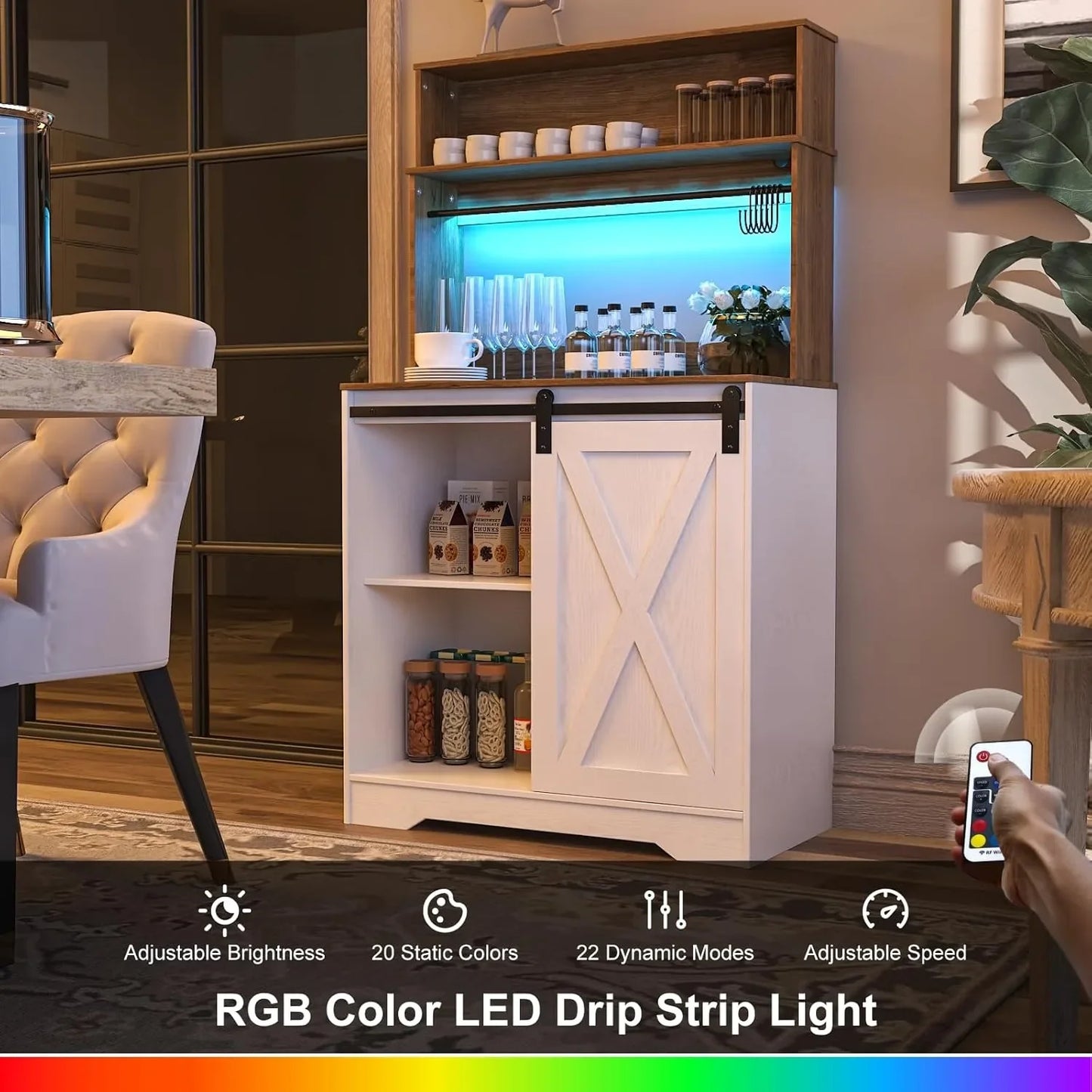 Coffee Bar Cabinet with LED Light, 55 Inch Bakers Rack with Storage, Large White Coffee Bar Hutch with 6 Hook, Kitchen