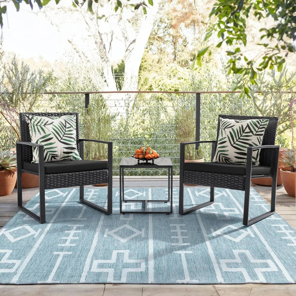 3 Pieces Outdoor Patio Wicker Furniture Set, Modern Rattan Chair Conversation Sets with Coffee Table for Yard and Bistro