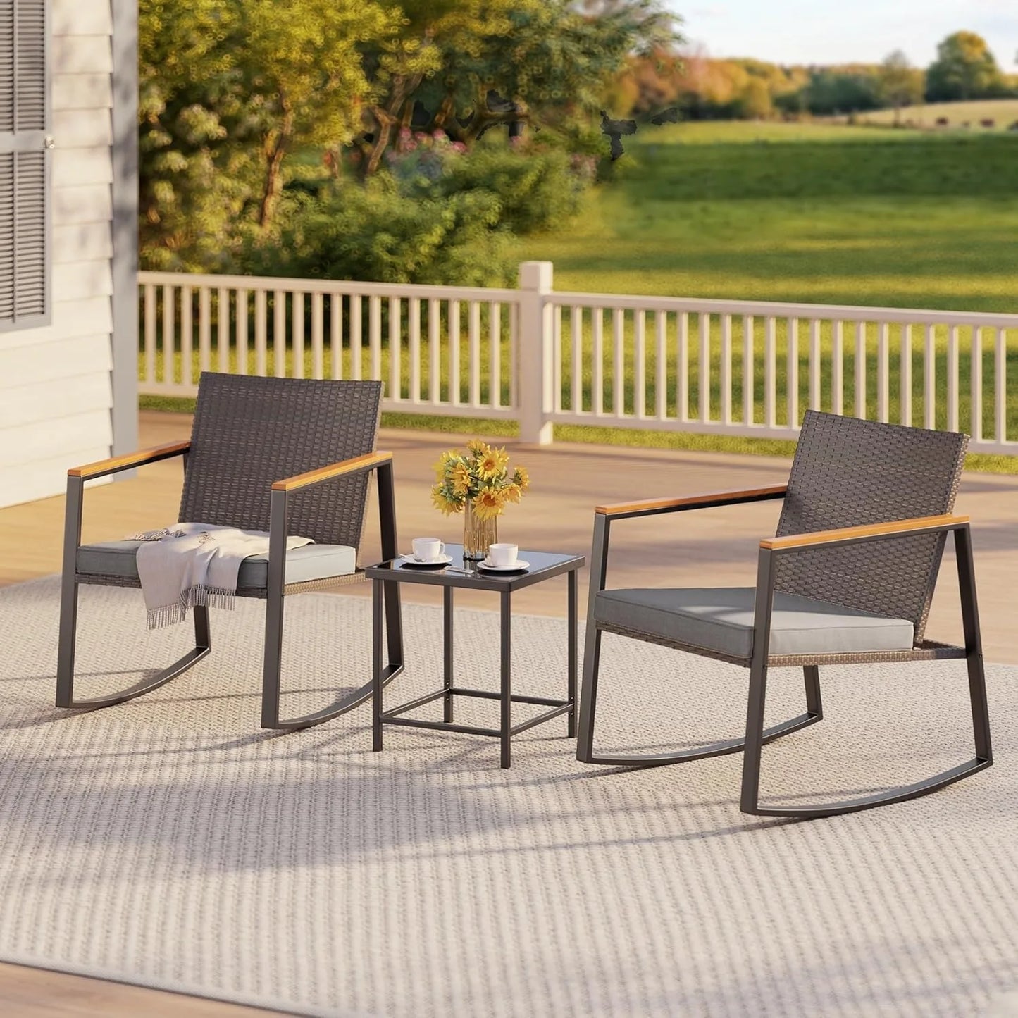 3 Pieces Rocking Patio Bistro Set with Anti-Scald Armrest, Outdoor Patio Wicker Furniture Set with Glass Table and Cushio