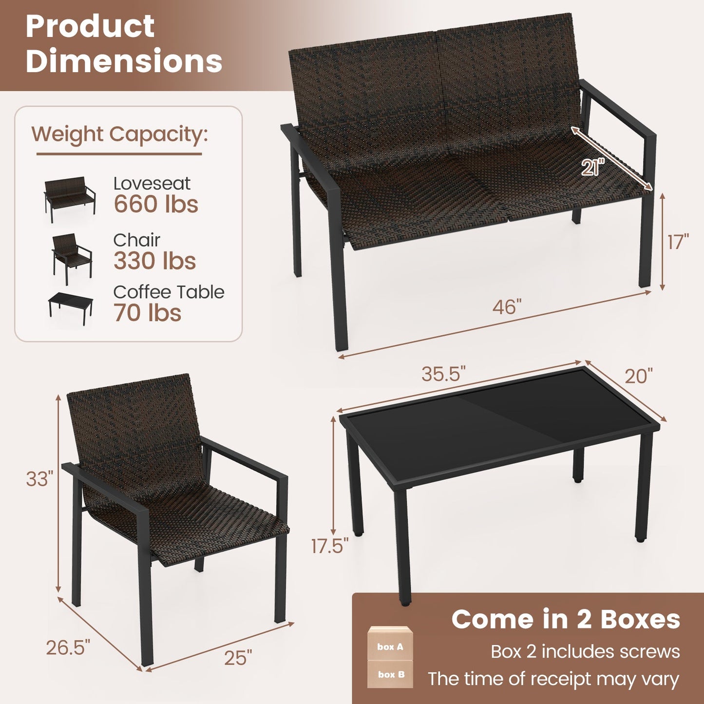 4 Pieces Patio Furniture Set with Heavy Duty Galvanized Metal Frame