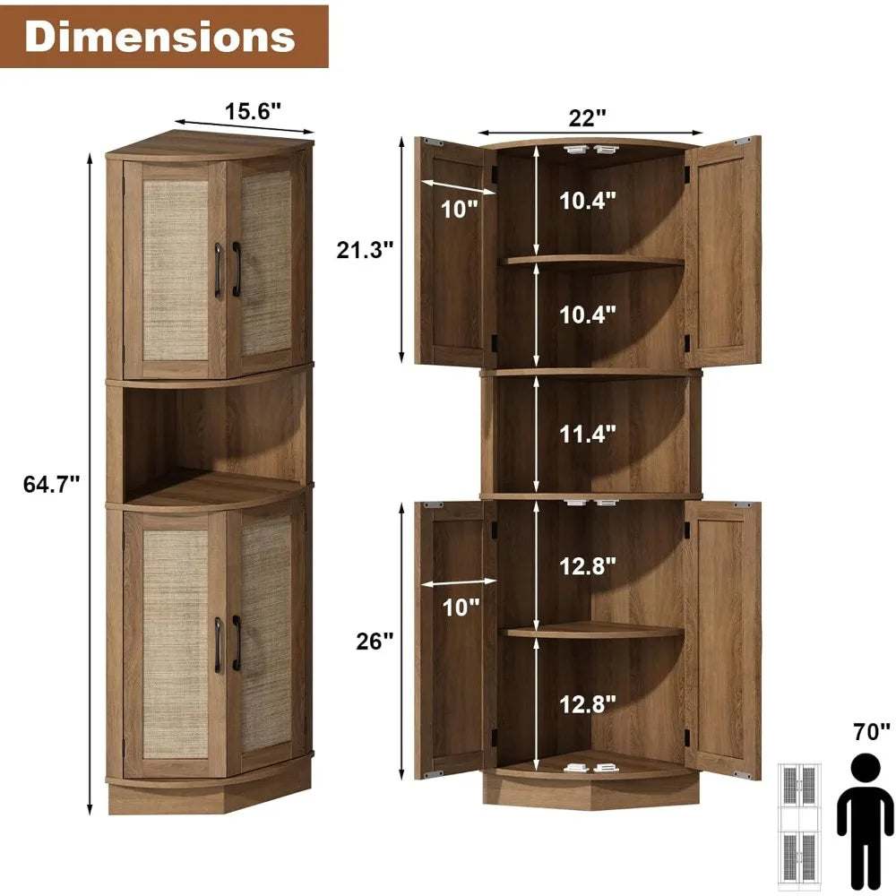 Tall Corner Cabinet, 64.7" Rattan Corner Storage Cabinet with 4 Doors and 5 Storage Shelves, Farmhouse Space Saver, Boho Shelf