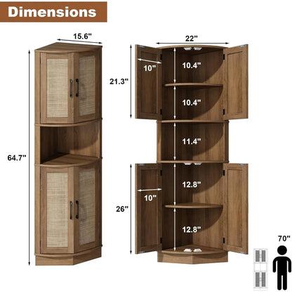 Tall Corner Cabinet, 64.7" Rattan Corner Storage Cabinet with 4 Doors and 5 Storage Shelves, Farmhouse Space Saver, Boho Shelf
